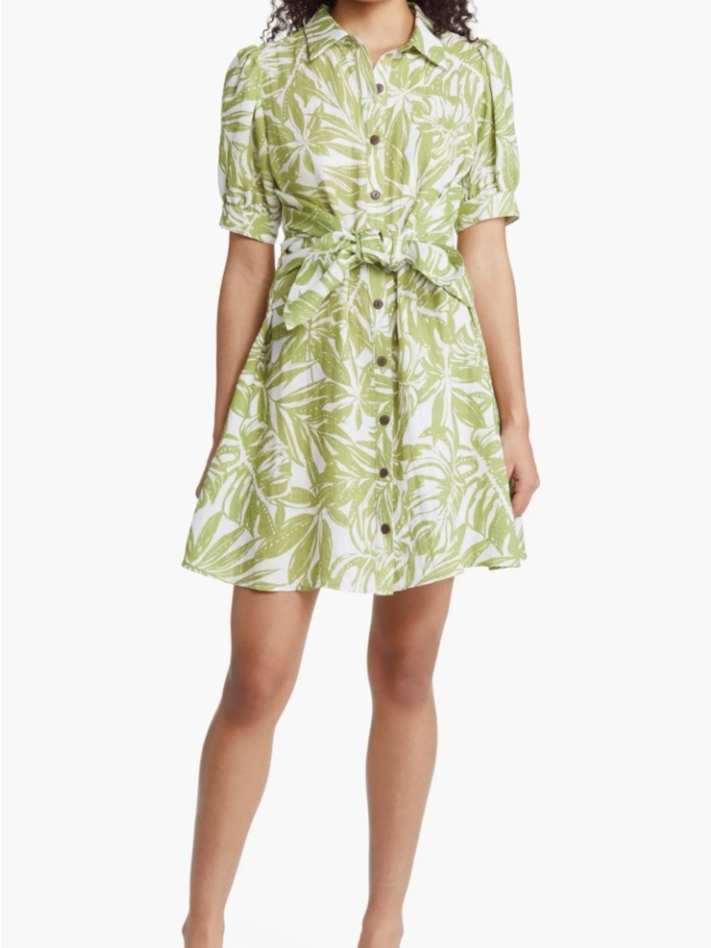 Rachel Parcel Green Leaf-Print Button Front Dress with Self Tie Size Small